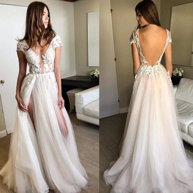 

Sexy Lace Beach Wedding Dress V Neck Short Sleeve Backless Boho Vestido de Noiva 2019 Tulle Front Split Bohemia Bridal Gowns