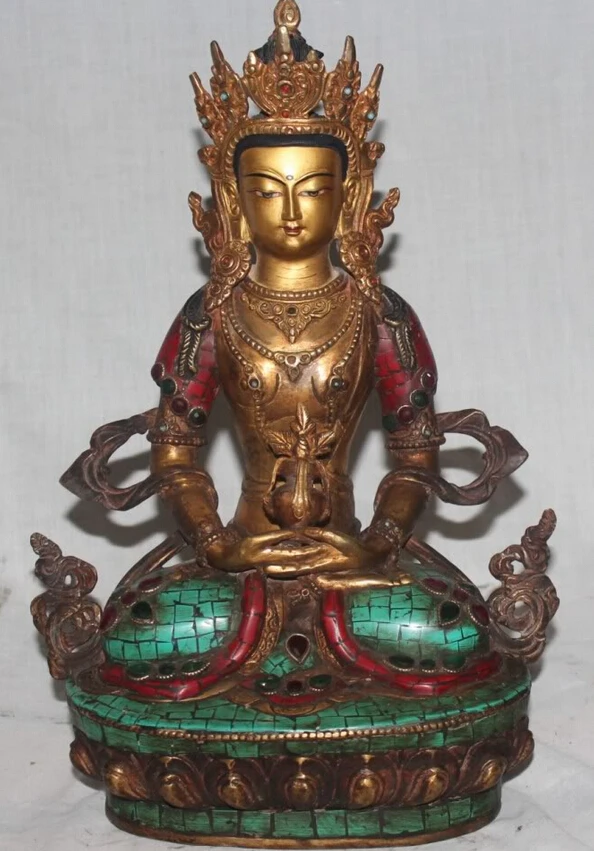 

150610 S1263 Tibet Religion Red Coral Turquoise Bronze 24K Gilt Amitayus Buddha Statue Nepal