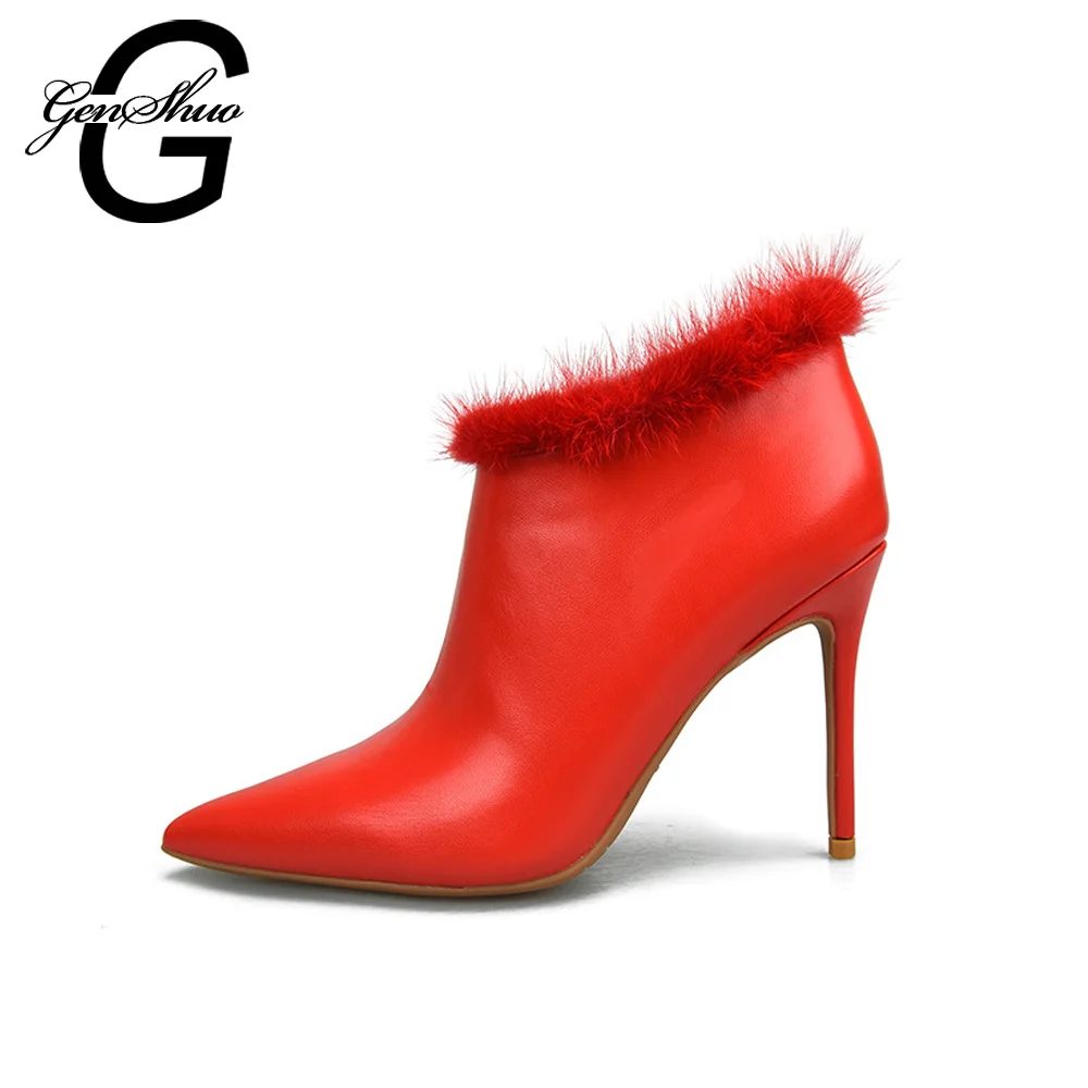 

GENSHUO Women Boots Sexy Stiletto Faux Fur Ankle Boots Short Plush Fashion Boots Women Winter 8cm 10cm High Heels Shoes Size 42