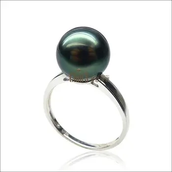

AAA 10MM Round Black Green Cultured Tahitian Pearl Ring 18K White Gold Size 6