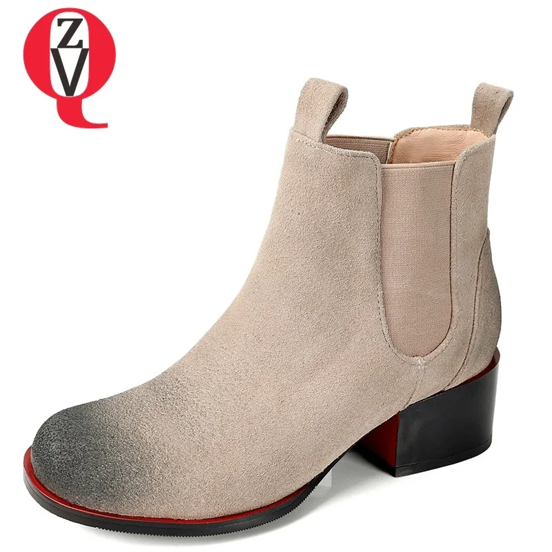 

ZVQ ankle boots 2018 newest round toe med square heel elastic band cow suede chelsa boots winter warm outside leisure lady shoes