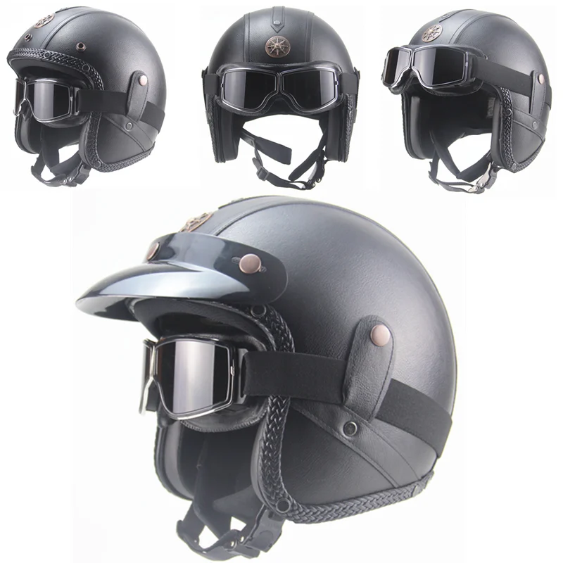 Black leather BZ 2 Шлемы из искусственной кожи 3/4 мотоциклетный шлем Чоппер велосипедный шлем с открытым лицом винтажный мотоциклетный шлем с маской - Цвет: Black leather BZ 2