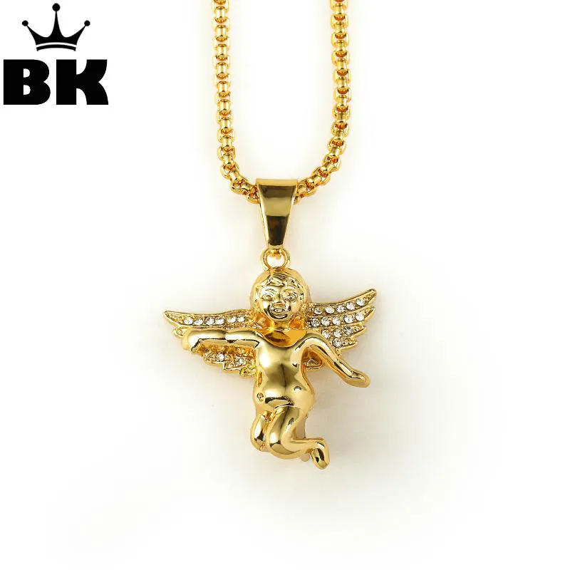 Gold Tone Iced Out Micro Angel Pendant with Yellow Gold Necklace Round