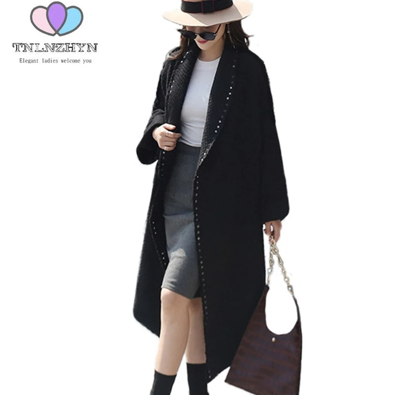 Buy 2018Winter New Loose Long Woolen Coat Black Rivets