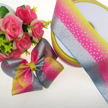 

100 yards/lolt , 3" 75mm silver glitter printed with rainbow heat transfer grosgrain ribbon , very soft to make big bow