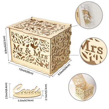 

DIY Wooden Wedding Card Box with Lock and Card Sign Rustic Hollow Gift Card Holder for Reception Wedding Anniversary Party Decor