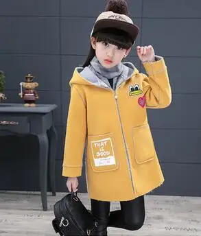 Зимнее шерстяное пальто на молнии для девочек повседневные пальто с длинными рукавами и капюшоном утепленная верхняя одежда средней длины для детей manteau fille - Цвет: yellow