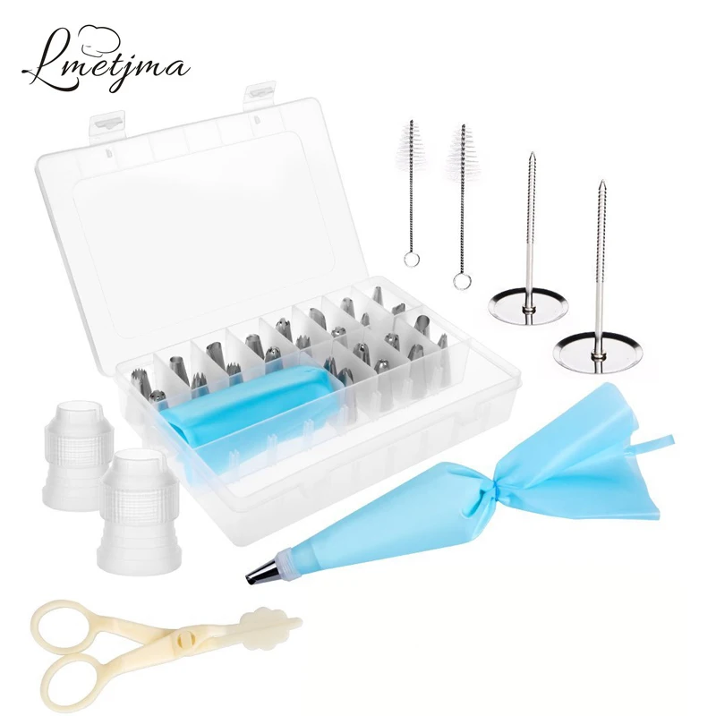 

LMETJMA 33pcs Cake Decorating Tools Set 24pcs Stainless Steel Cake Nozzles Russian Icing Piping Tips 2pcs Silicone Pastry Bags