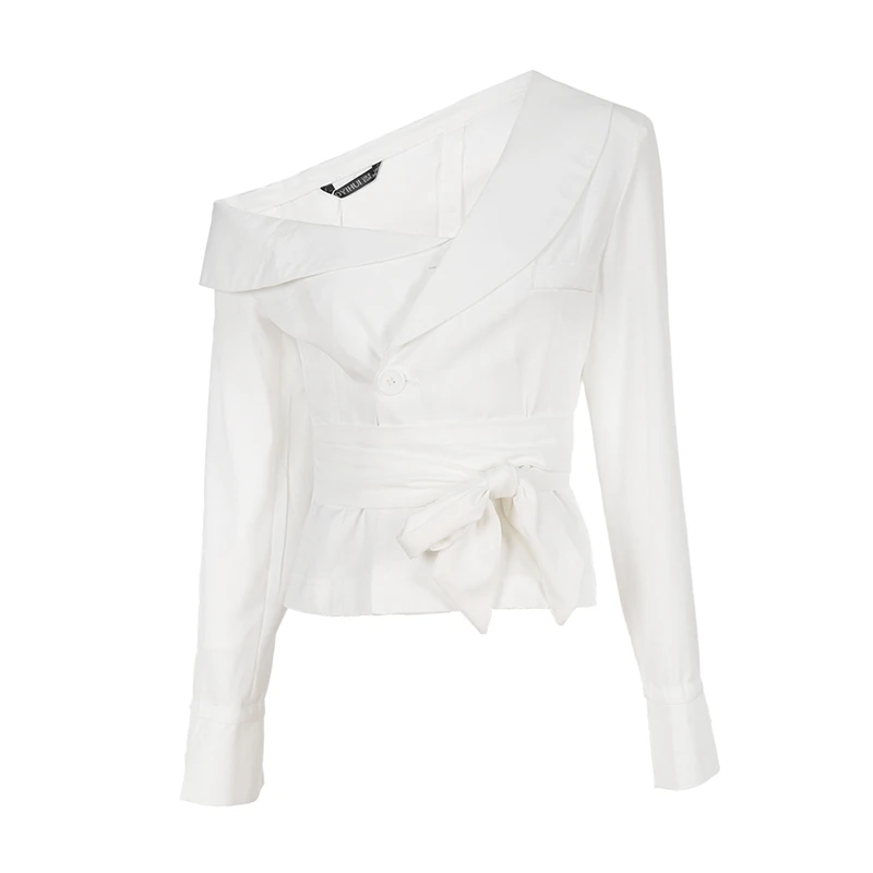 Асимметричный воротник, женские рубашки с поясом, приталенный костюм, блузки,, летняя блузка с длинным рукавом, Блейзер, OL рубашка, белая, M17101802