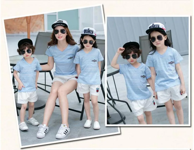 Семейный образ г., новые летние одинаковые комплекты одежды для семьи комплекты для мамы, сына, дочки, папы синяя футболка+ белые штаны