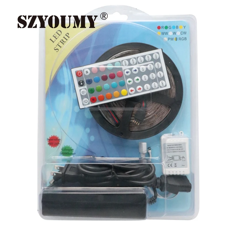 #cheap SZYOUMY Blister SMD 5050 5M 150Leds RGB LED Strip Flexible Light DC12V RGB LED Light Tape 44 Key Remote Controller And Adapter