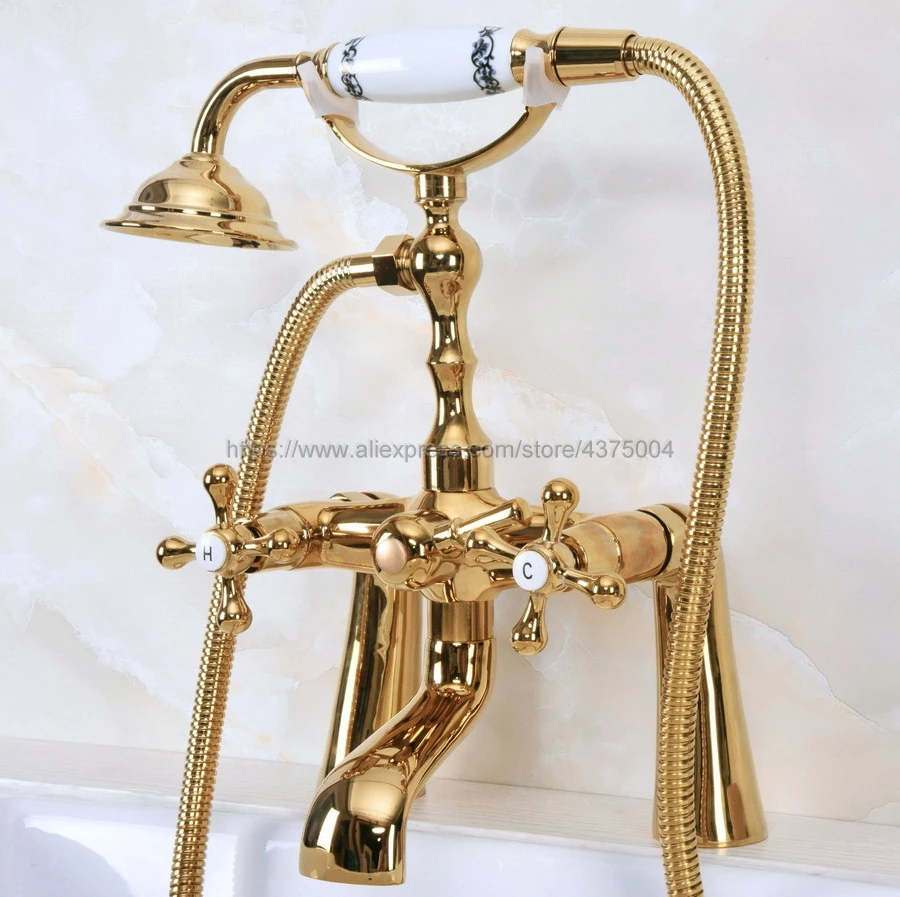 Golden Deck Mount Bathroom Clawfoot bathtub faucet & hand shower Basin sink Mixer Tap two handle tub faucet Nna150