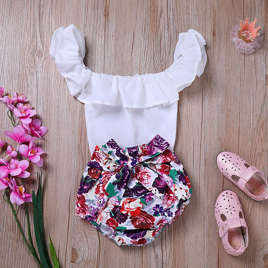 

Children Clothes Set Toddler Baby Girl Outfits Casual Cotton Suit Off Shoulder Ruffles Sleeve Tops+Floral Print Shorts Outfits