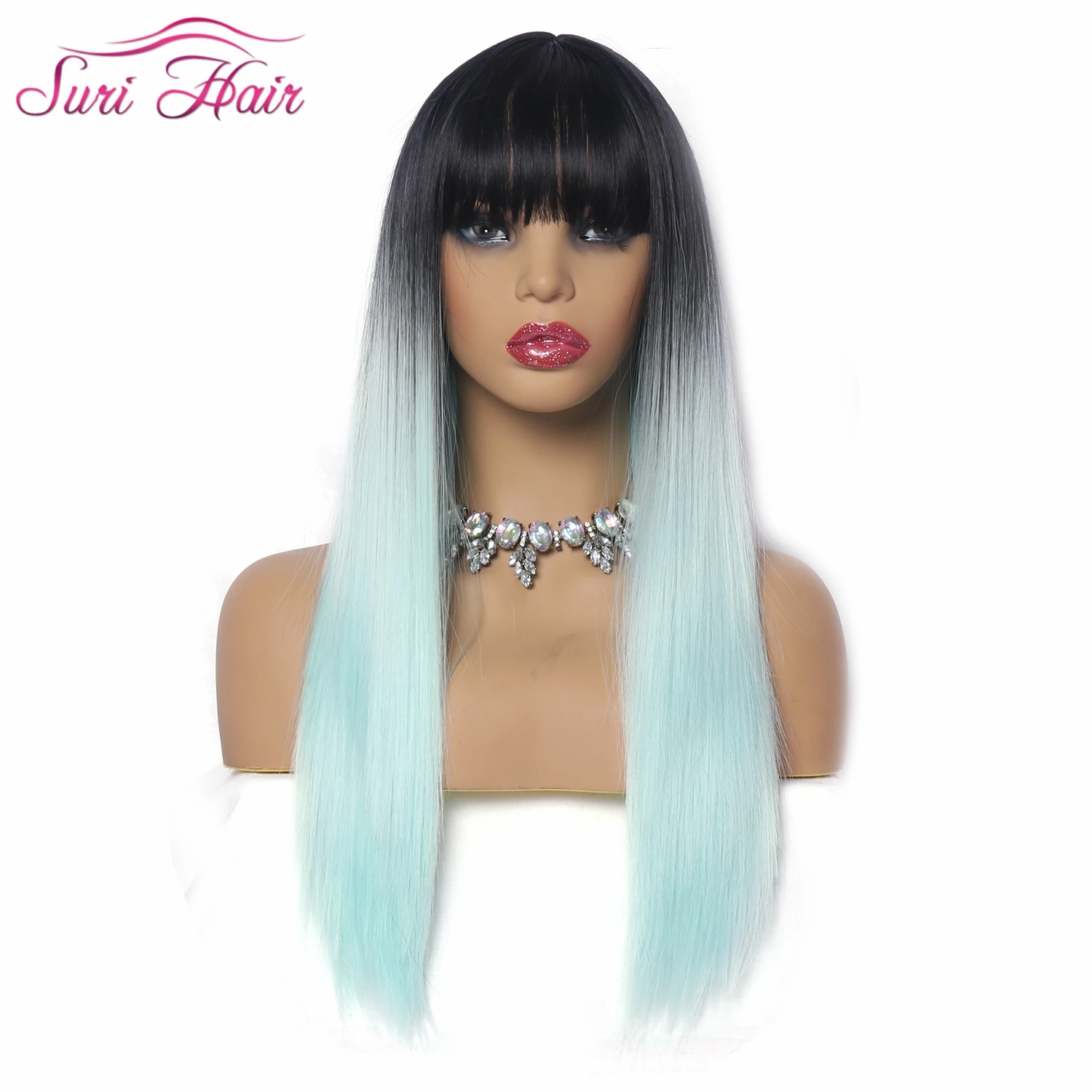 

suri hair wig cosplay 130% density Glueless 26 long straight Ombre green wig with bangs Brazilian synthetic wigs for black women