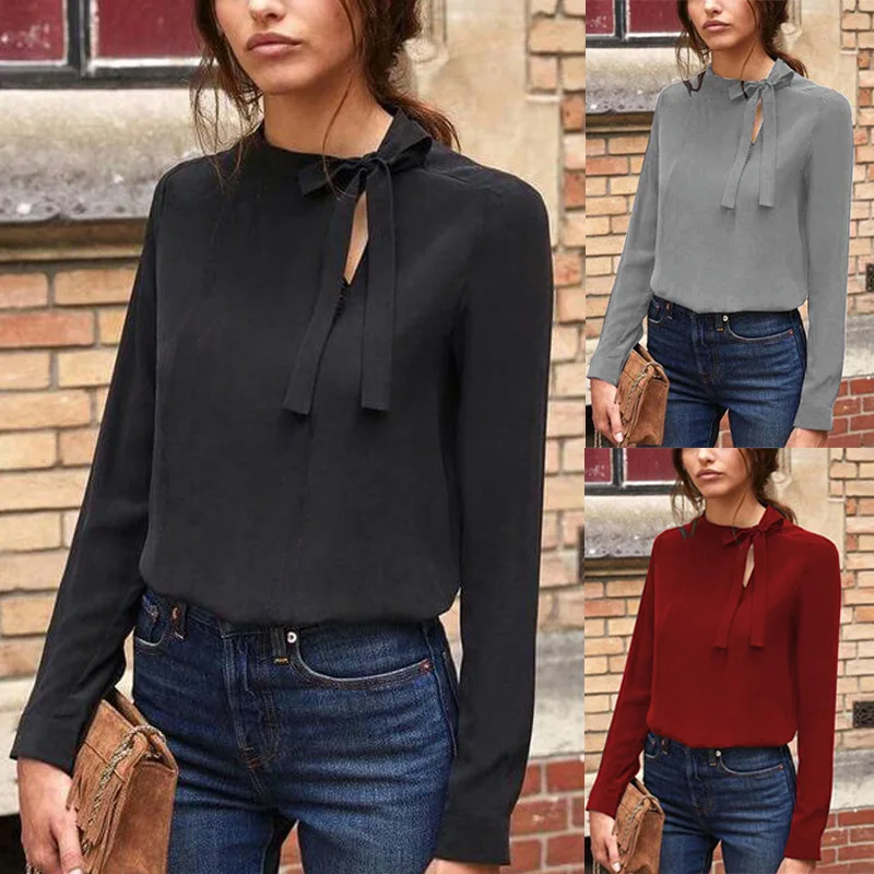 2019 fashion solid color straps long sleeved shirt blouse-in Blouses ...