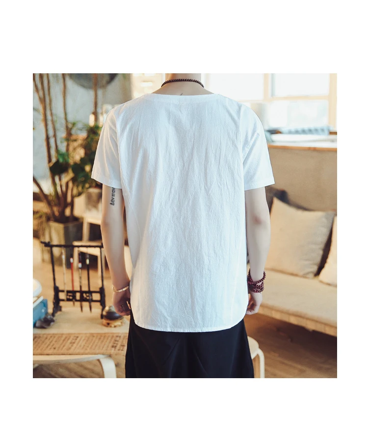 2019 Новая Летняя мужская рубашка с v-образным вырезом и вышивкой Модная хлопковая льняная свободная трендовая рубашка с коротким рукавом