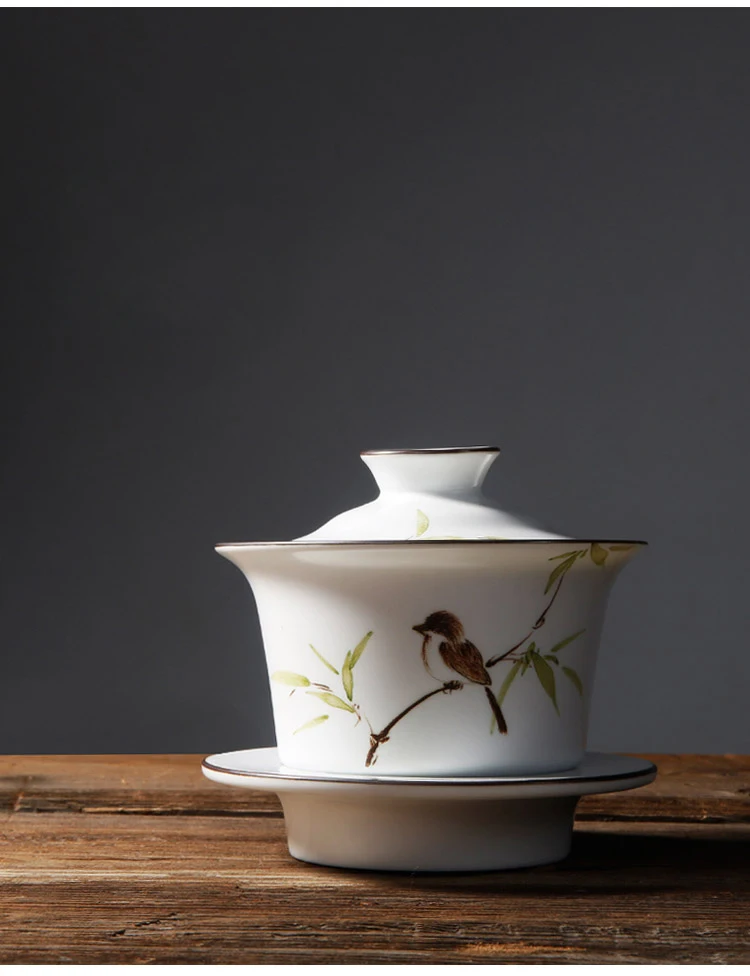 150 мл Китайская традиционная супница керамика чайный набор кунг-фу ручная роспись маленькая птица бамбуковый узор Gaiwan чайная посуда чайная чаша