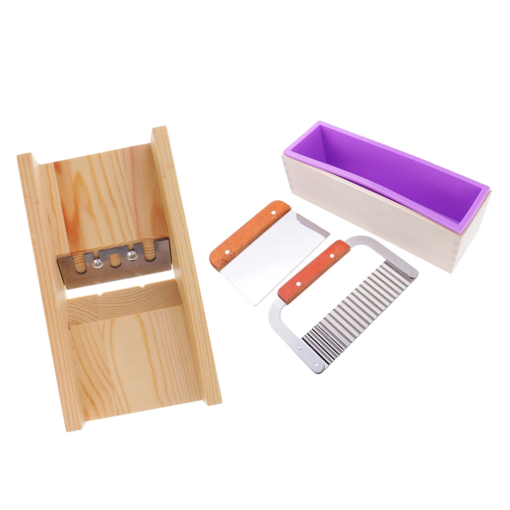 MagiDeal Wooden Soap Loaf Cutter Planer + Silicone Soap Mould with Wood box + 2pcs Wavy & Straight DIY Cake Soap Cutter