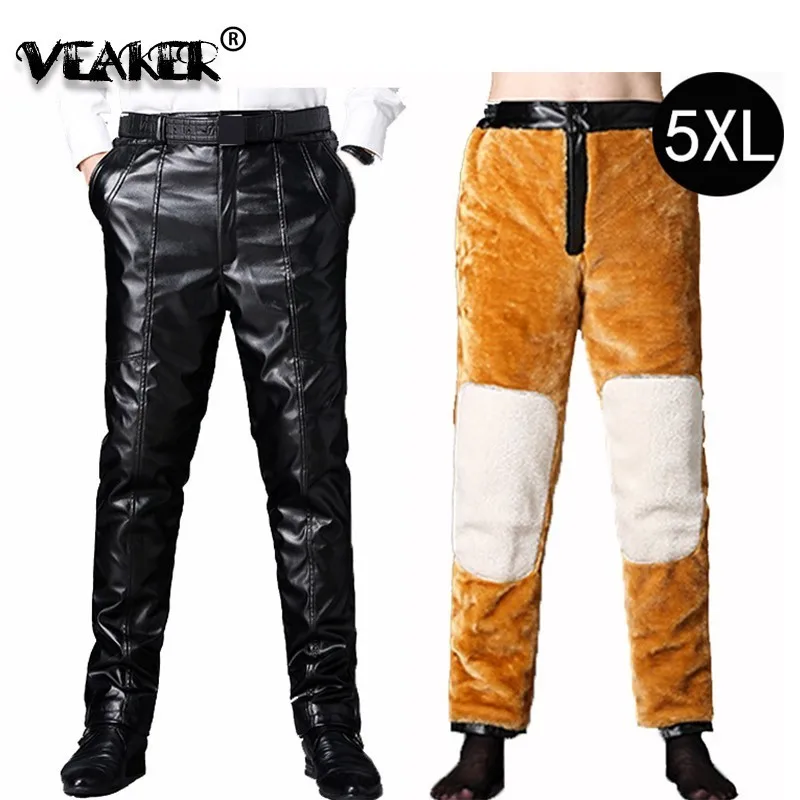 Men's Leather Pants Winter Warm Thick Faux Fur Pu Leather Pant Faux