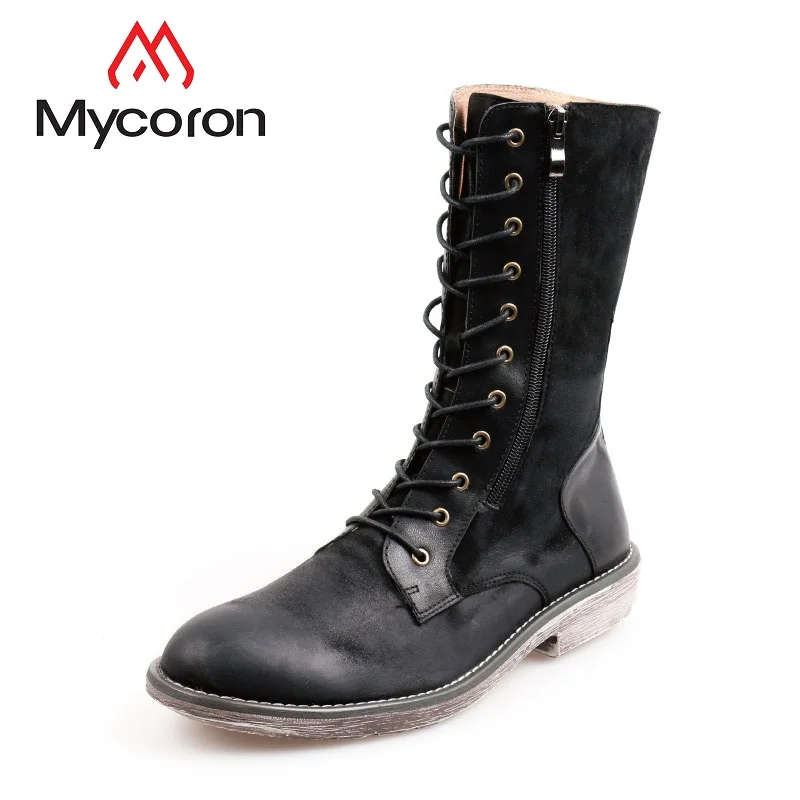 

MYCORON 2018 New Work Boots Men Winter Leather Flat Heel Long Boots British Style Round Toe Warm Comfortable Fashion Long Boots