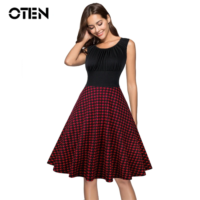 

OTEN Summer women's clothing Sleeveless Black Houndstooth Printed tartan swing pin up rockabilly dress 4XL plus size vestido