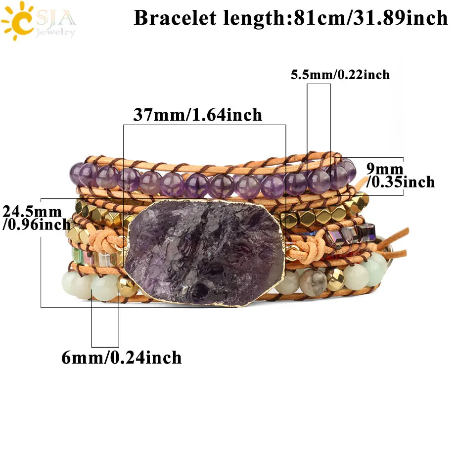 CSJA кристаллы аметиста из натуральной кожи браслеты для женщин натуральный камень бусины Многослойные, в стиле бохо Дружба Плетеный браслет S461