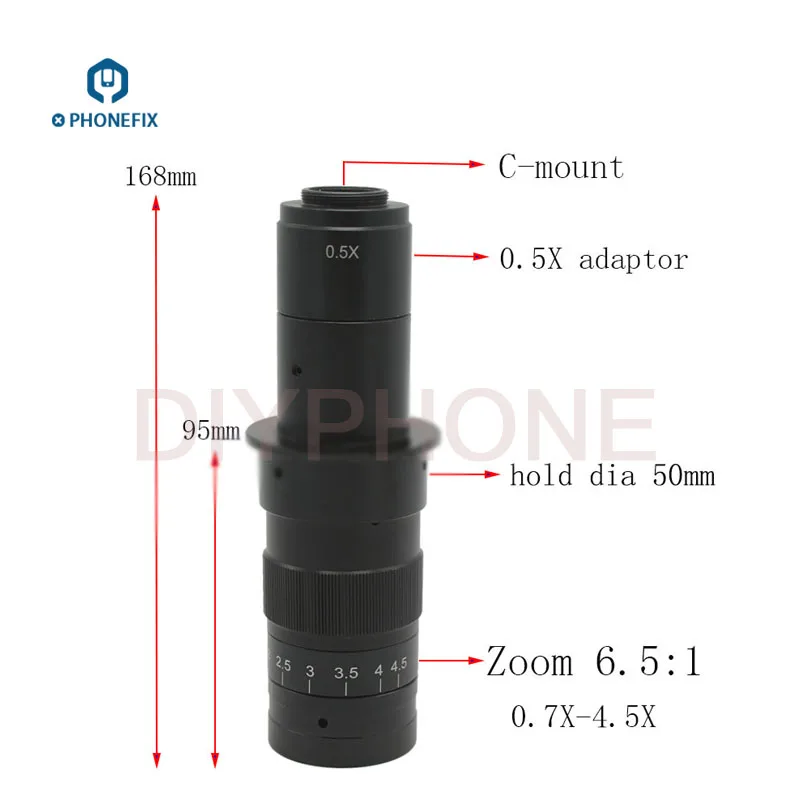  PHONEFIX 1.0X 0.5X 0.35X C-mount Glass Lens Adapter 0.7X~4.5X Magnification For Industry Microscope