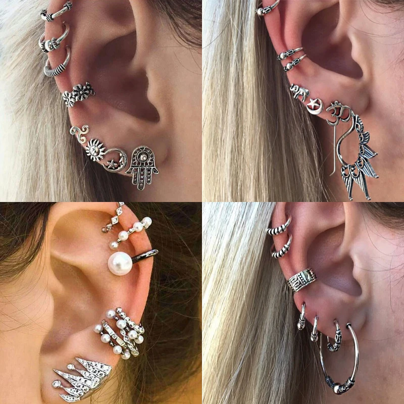 

9 Style European Boho Vintage Sun Moon Ear Clip Without Piercing Clip on Earrings Set for Female Bohemia Ear Cuff Stud Earring