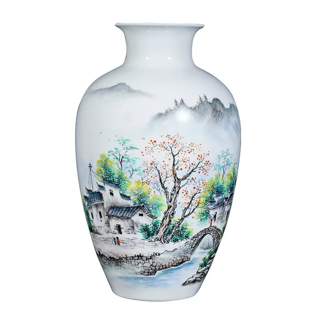 Chinese Style Hand Painted countryside landscape Porcelain Flower Vase For Home Office Decor 2