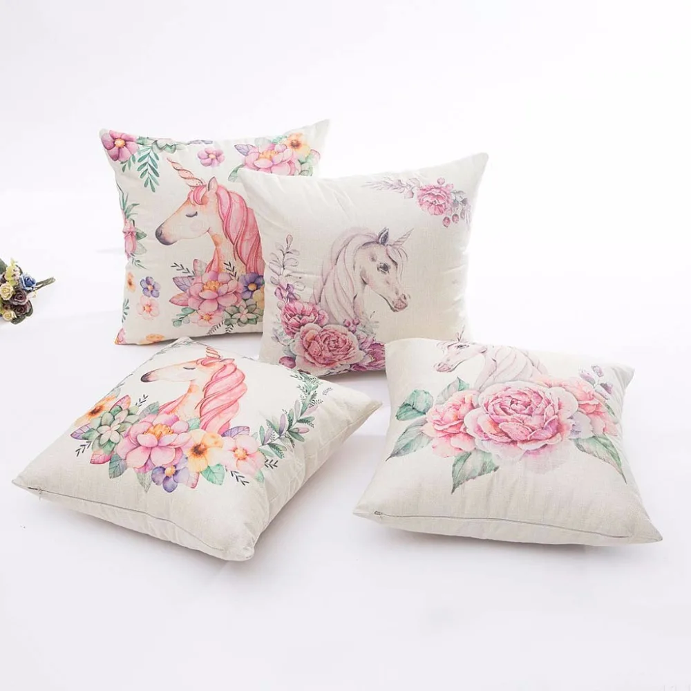 Best Creative Unicorn Cushion Cover Cute Unicorn Rose Flower Throw Pillow Case For Sofa Cotton Linen Decorative Pillowcase Cover