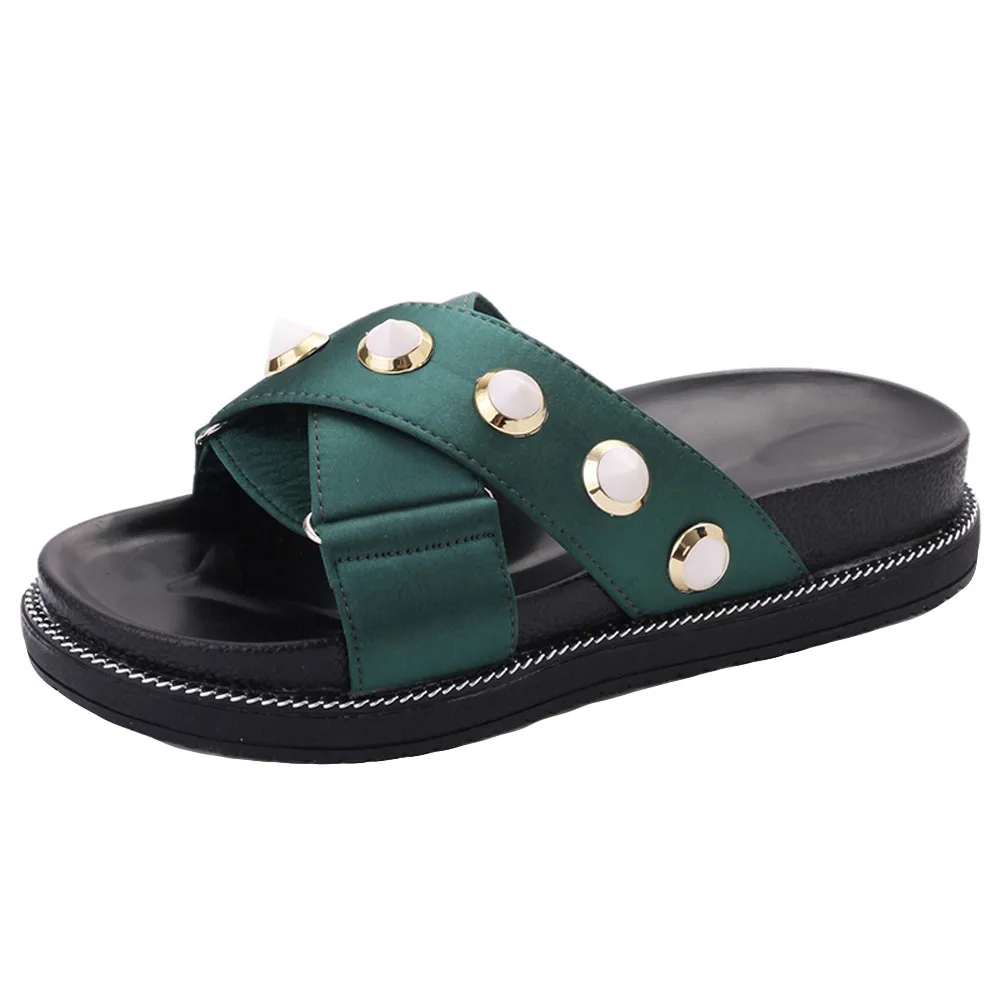 Брендовые женские шлепанцы на плоской подошве; Летние повседневные пляжные шлепанцы; нескользящие домашние тапочки; zapatos mujer - Цвет: Зеленый