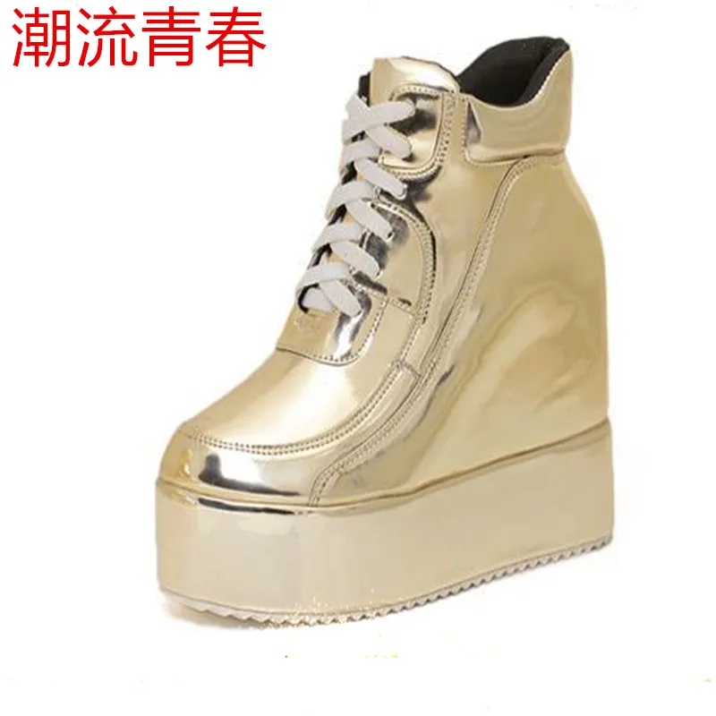 

Quality Sneakers Woman Platform 2019 Autumn High Top Casual Shoes Female Wedge High Increased Goldern Shoes Sneakers