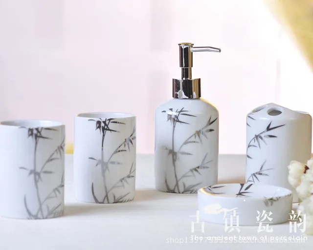 Fünf stück Silber bambus keramik bad set toiletten zahnbürste halter ... Fünf stück Silber bambus keramik bad set toiletten zahnbürste halter ...