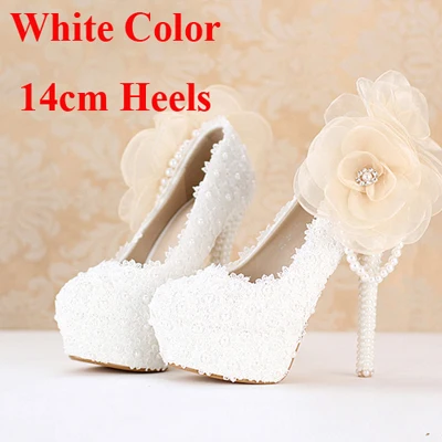 Изящные свадебные туфли розового цвета с кружевом; коллекция года; вечерние модельные туфли на платформе; туфли-лодочки для дня рождения и выпускного вечера; обувь для подружки невесты - Цвет: White 14cm Heels