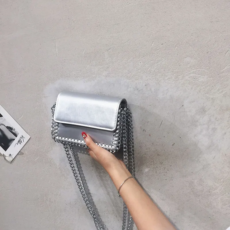 Joker small square bag south Korean version of the new design sense double chain decoration single shoulder diagonal cross - Color: Silver