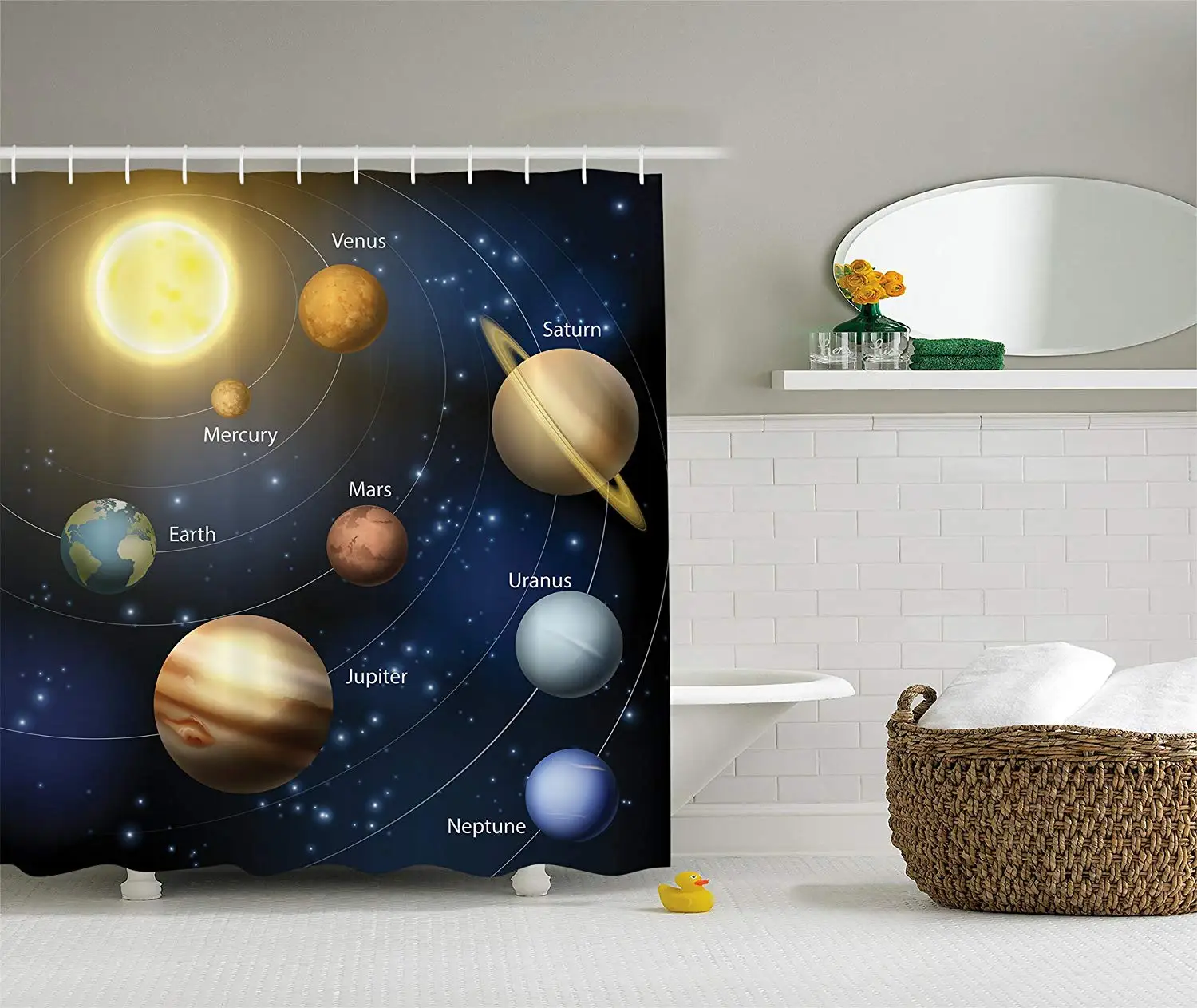

Art Decor Solar System Orbit the Sun with Names Of Planets Geography Educational Polyester Fabric Bathroom Shower Curtain