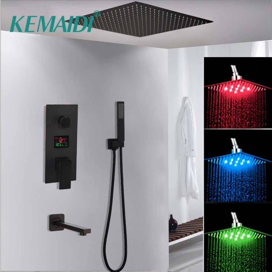 Billig KEMAIDI Schwarz Messing Dusche Kopf Digital Display Mischbatterien Bad Dusche Wasserhahn 3 Funktionen Digital Dusche Armaturen Set