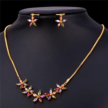 

Kpop New Zircon Jewelry Brand Necklace Earrings Gold Color Floral Tourmaline Fashion Jewelry Set For Women Wholesale S225