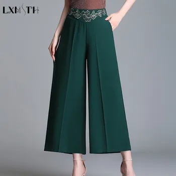 

LXMSTH Summer Women Embroidery Wide Leg Pants Elastic Waist Chiffon Capris Summer Loose Large Size Casual Work Trousers 5XL