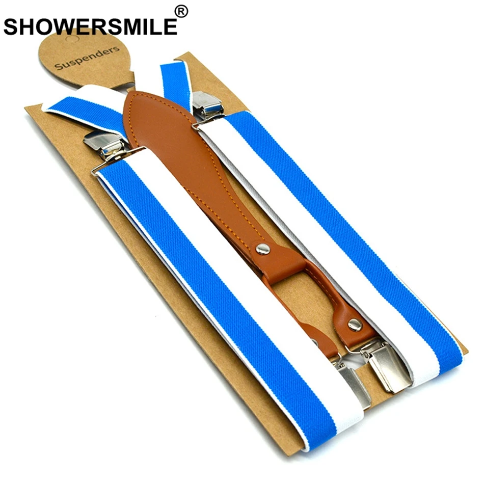 Skup SHOWERSMILE pasek szelki mężczyźni moda zielony do spodni pasy 3.5 cm elastyczne spodnie paski 4 klipsy szelki męskie żółty czerwony niebieski