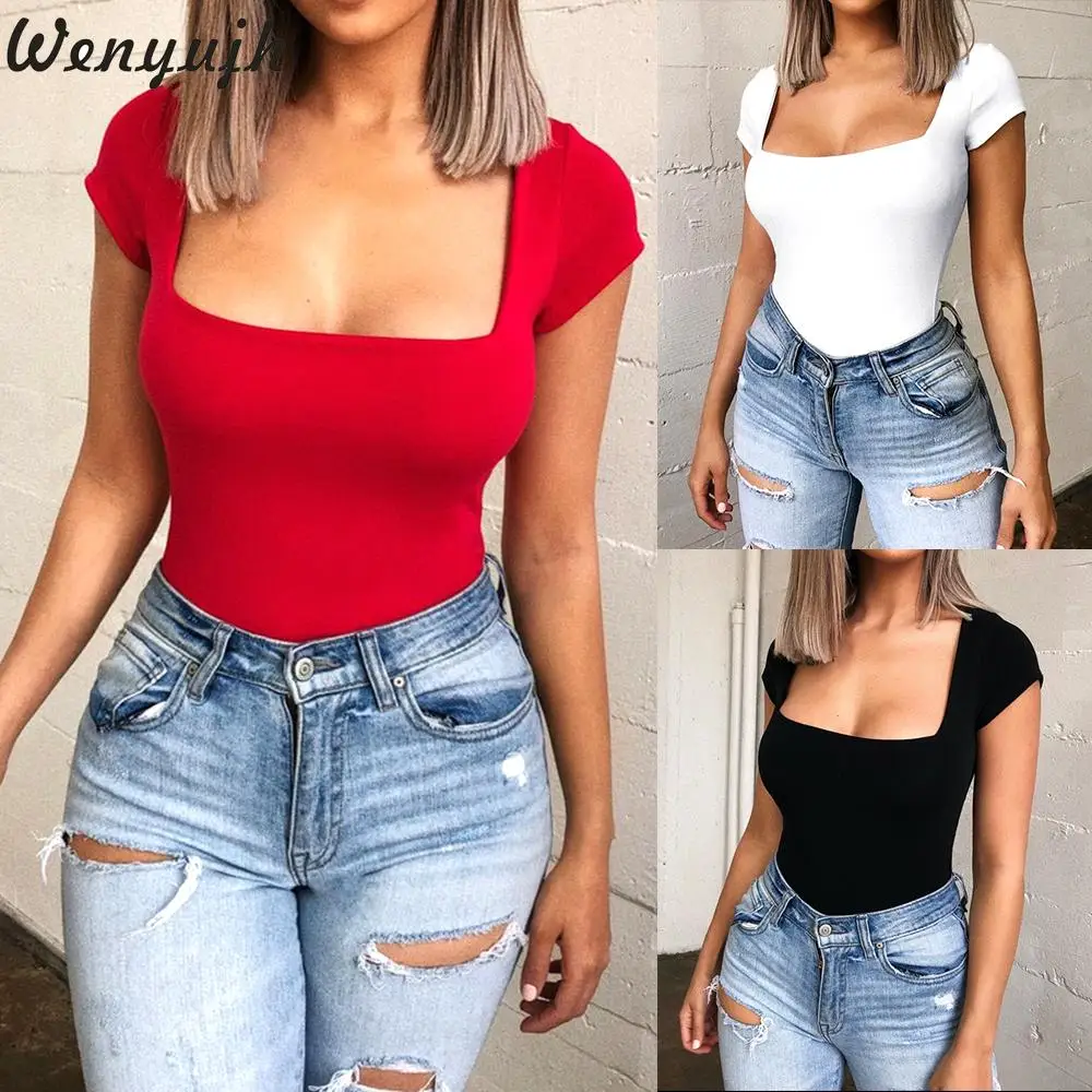 

Wenyujh 2019 Women's Short Sleeve Slim Fit Low Jumpsuit New Fashion Female Summer Square Collar Solid Sexy Bodysuits