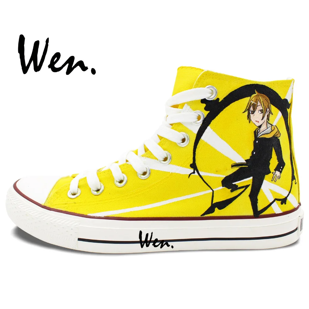 Вэнь ручной росписью обувь Дизайн пользовательские Durarara Аниме человек женские высокие желтый холст кроссовки