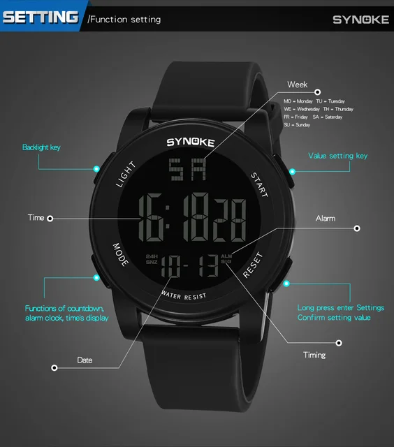 SYNOKE mężczyźni oglądać Sport cyfrowy mężczyzna wojskowy zegarek luksusowe Fitness zegar Wateroroof es Relogio Masculino LED mężczyzna tanie tanio Cyfrowe Zegarki Na Rękę Inteligentny Gumy 10 43 Klamra 3Bar Odporny na wstrząsy Stoper Auto data Wyświetlacz tydzień SYNOKE mężczyźni oglądać Sport cyfrowy mężczyzna wojskowy zegarek luksusowe Fitness zegar Wateroroof es Relogio Masculino LED mężczyzna tanie tanio Cyfrowe Zegarki Na Rękę Inteligentny Gumy 10 43 Klamra 3Bar Odporny na wstrząsy Stoper Auto data Wyświetlacz tydzień