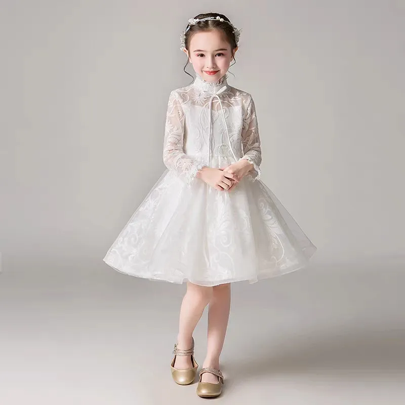 

White Color Baby Kids Elegant Wedding Birthday Long Sleeves Princess Mesh Dress Children Toddler Host Piano Tutu Costume Dress