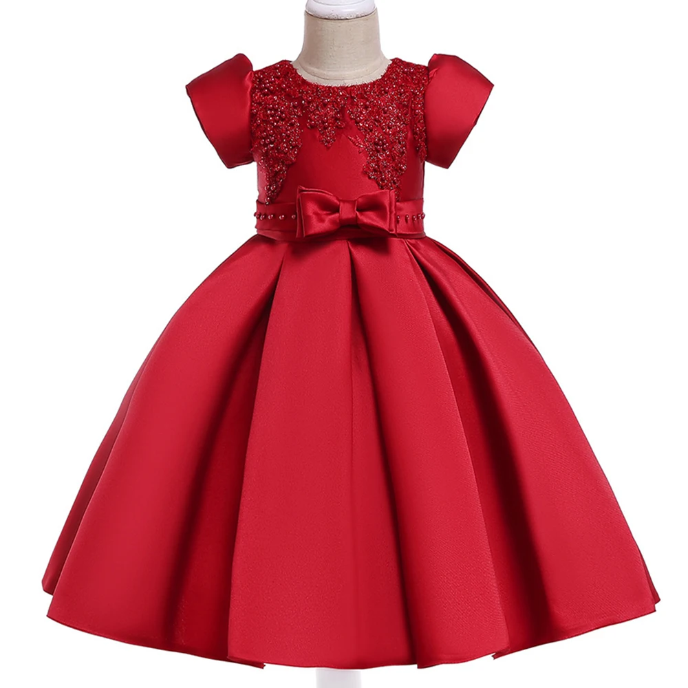 

Flower Girls Silk Wedding Dresses Kids Red Pearl Clothing Children Party Birthday Princess Dress for Baby Girls 3-10 Years BW078