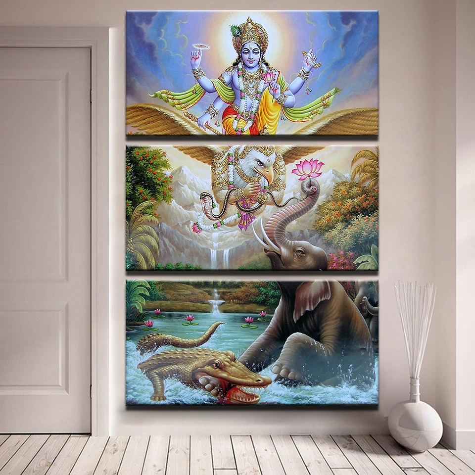 

3 Pieces Hindu Lord God Vishnu Seated On Garuda Painting Home Decor Elephant Poster Framework Canvas Pictures HD Prints Wall Art