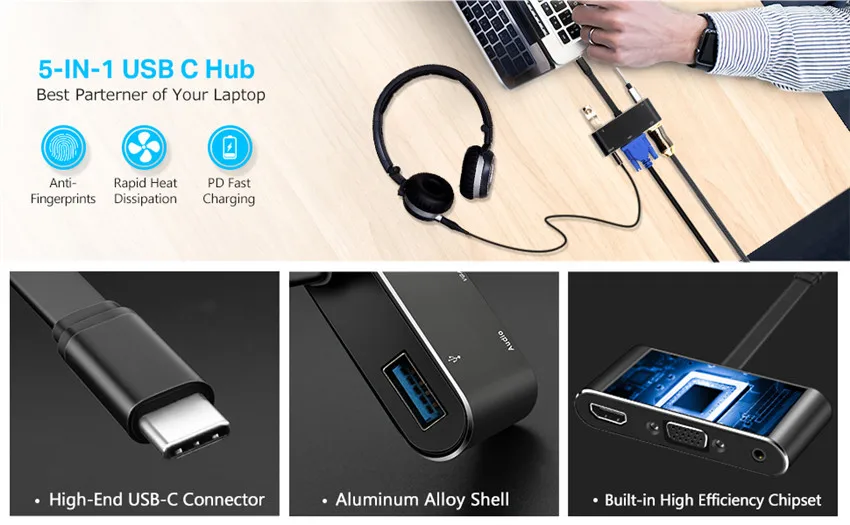 USB C концентратор HDMI 4K VGA USB3.0 Hub адаптер 5-в-1 Тип usb C конвертер с 3,5 мм аудио и USB-C быстро Зарядное устройство для MacBook Dell