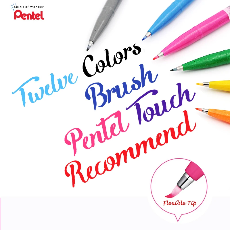 Pentel Touch Colorful Brush Sign Pen 6/12 Colors Art Markers Soft Tip