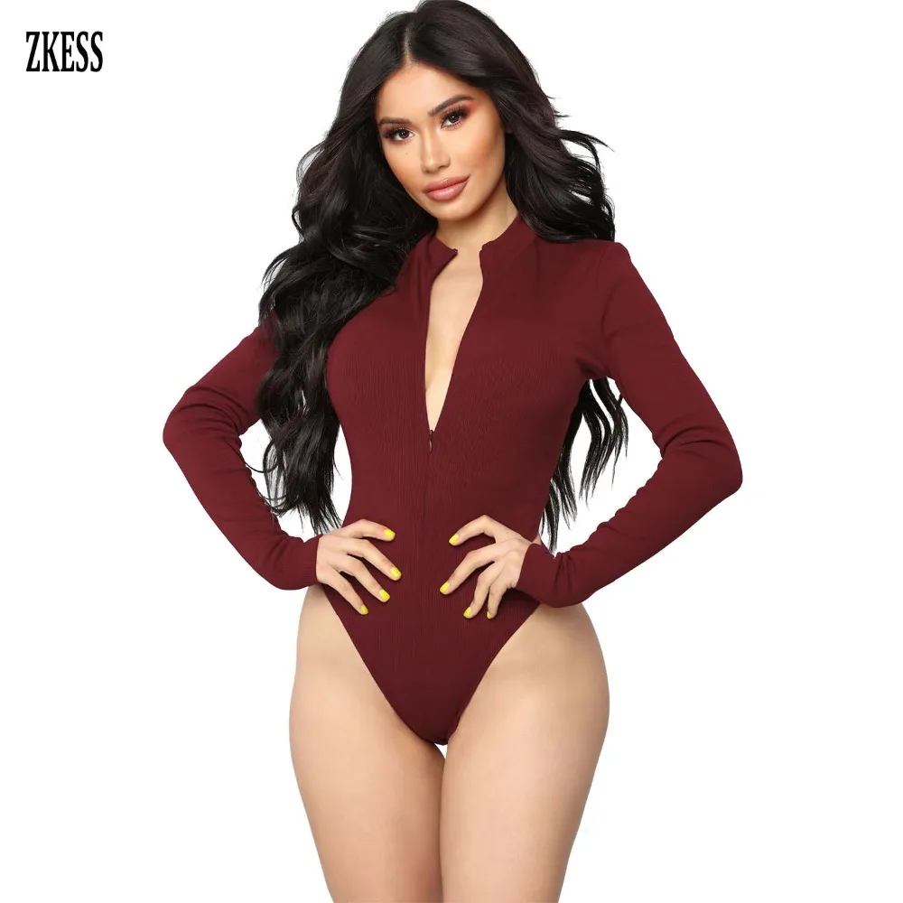 ZKESS Для женщин черный красный сном Sexy Глубокий V шеи с длинным рукавом боди
