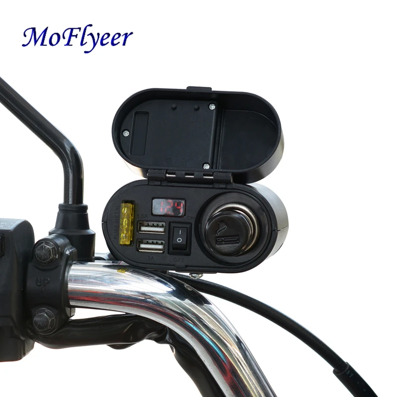 

MoFlyeer Motorcycle Multi-function 4 in 1 Electronic Clock Type Cigarette Lighter Dual Ports USB Charger Waterproof